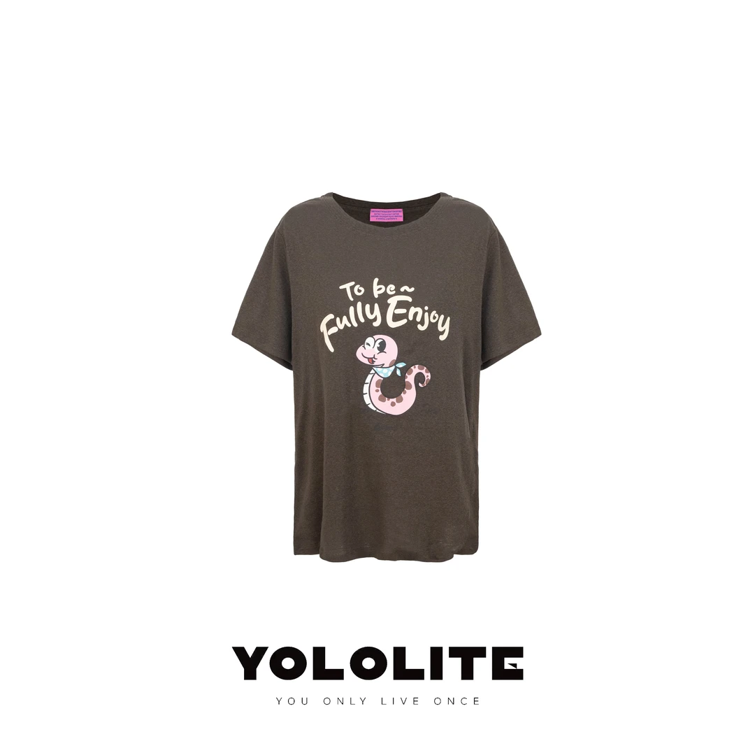 YOLOLITE【贪吃蛇】2514夏季小蛇字母印花咖色上衣棉+索罗娜宽松T恤