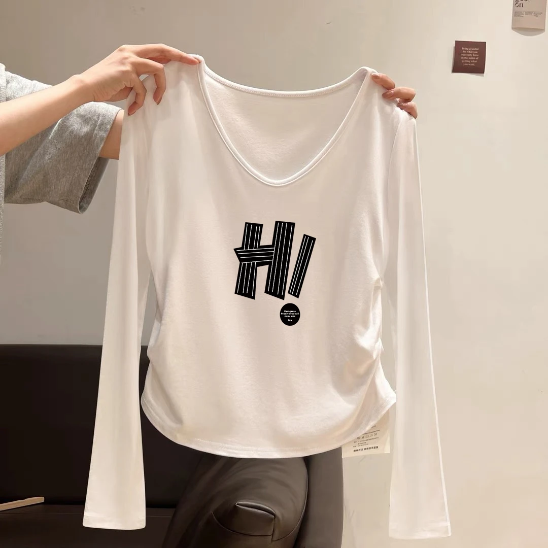 褶皱内搭显瘦百搭甜辣小上衣秋装韩系穿搭V领打底衫长袖女正肩t恤