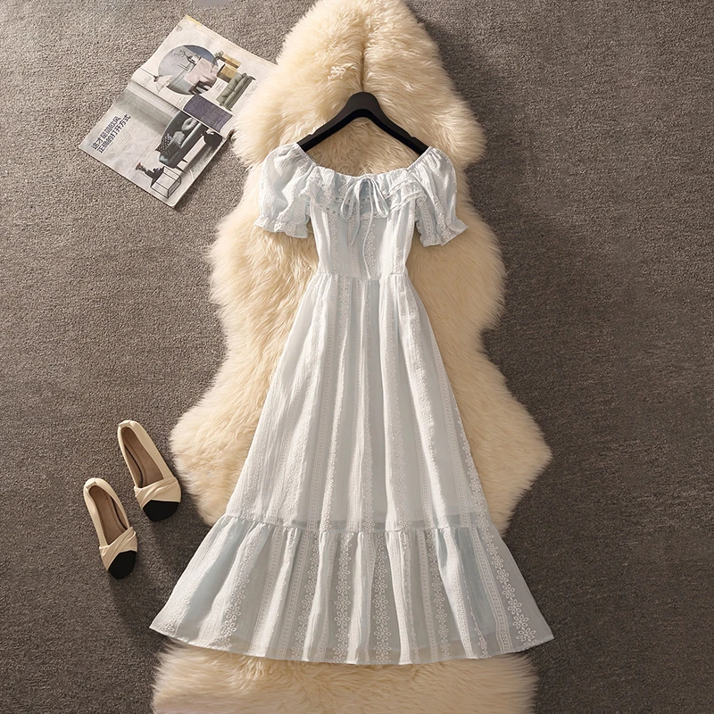 巨好看法式蓝色连衣裙女2025新款收腰显瘦遮肚微胖高级感气质裙子