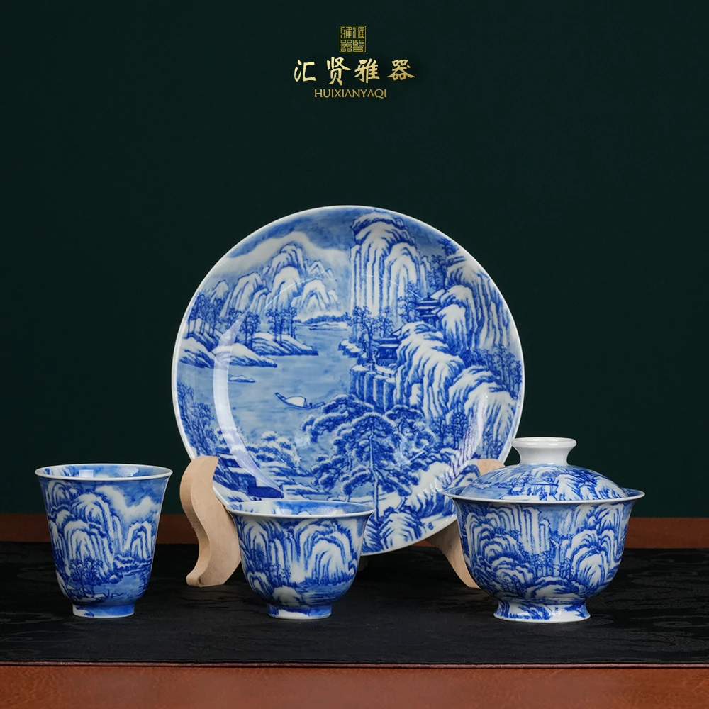 青花雪景山水套组盖碗150cc一碗一杯手工纯手绘茶杯茶器茶具