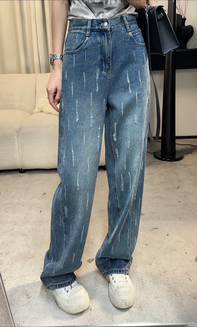 85011美式水洗磨破立体裁剪柔软筋骨感牛仔裤阔腿裤