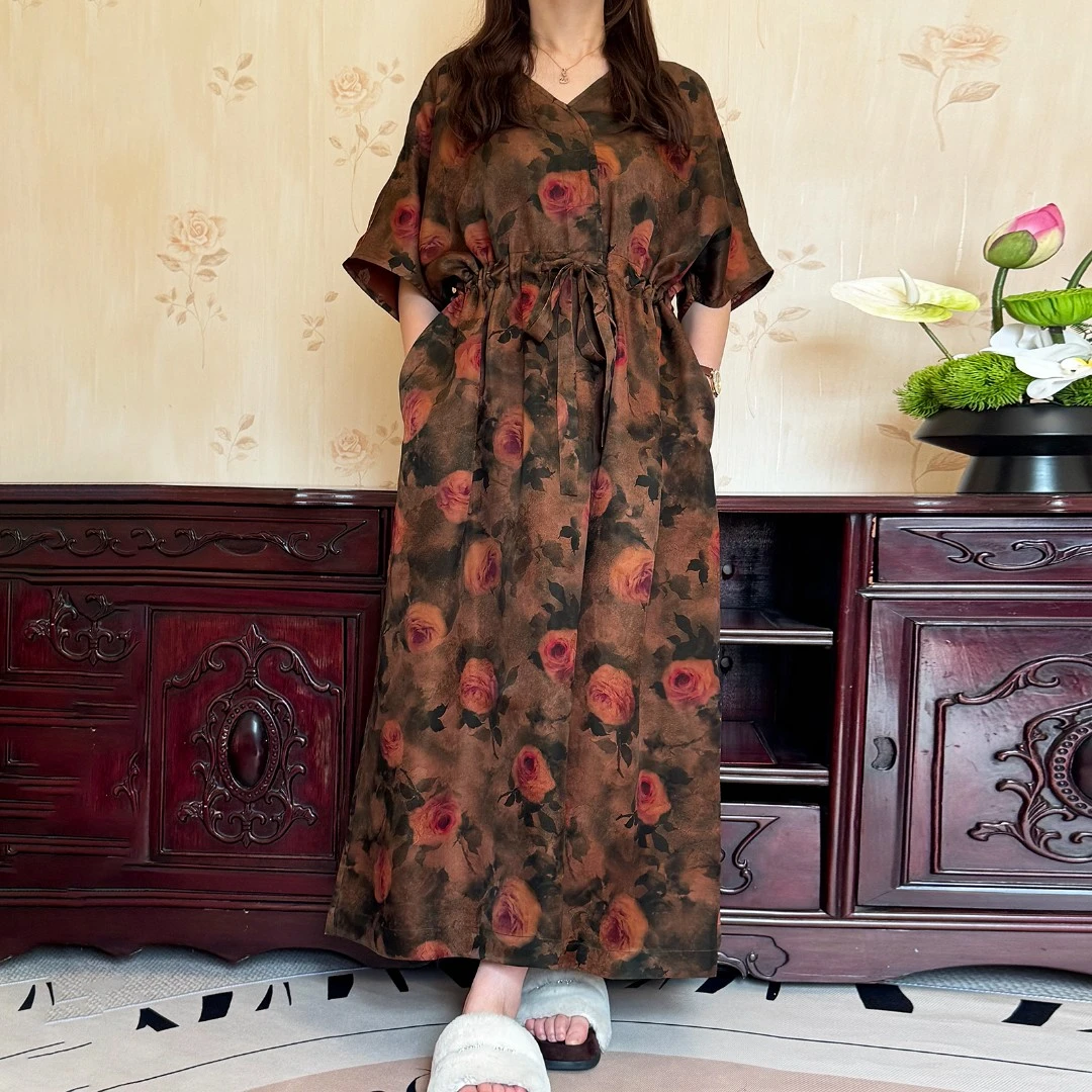 100%桑蚕丝香云纱油画玫瑰花重锻短袖连衣裙碎花时尚长款气质