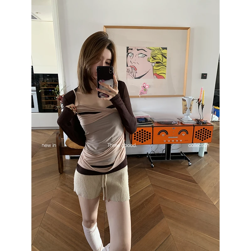 THREE GOOOD/三吉 假两件撞色层次叠穿拼接修身打底衫Y725E16108