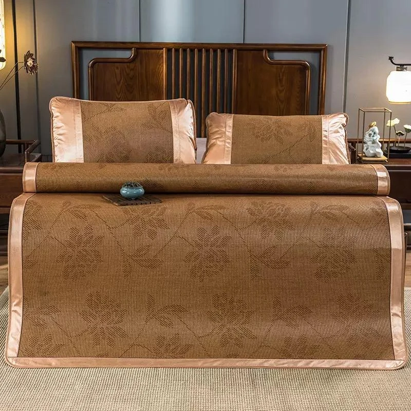 【工厂直销】夏季藤席三件套水中花款清凉可折叠凉席套装1.5米1.8米