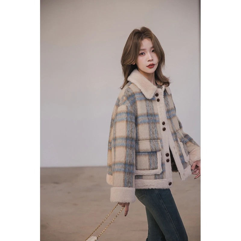 小谷粒格纹毛呢外套女2025春秋新款设计感撞色翻领小个子加厚上衣