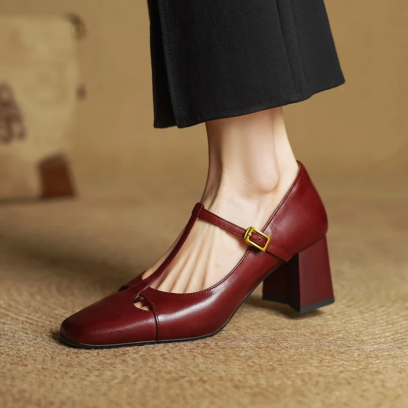 头层软牛皮高跟浅口单鞋复古法式玛丽珍鞋镂空红色圆头皮鞋百搭