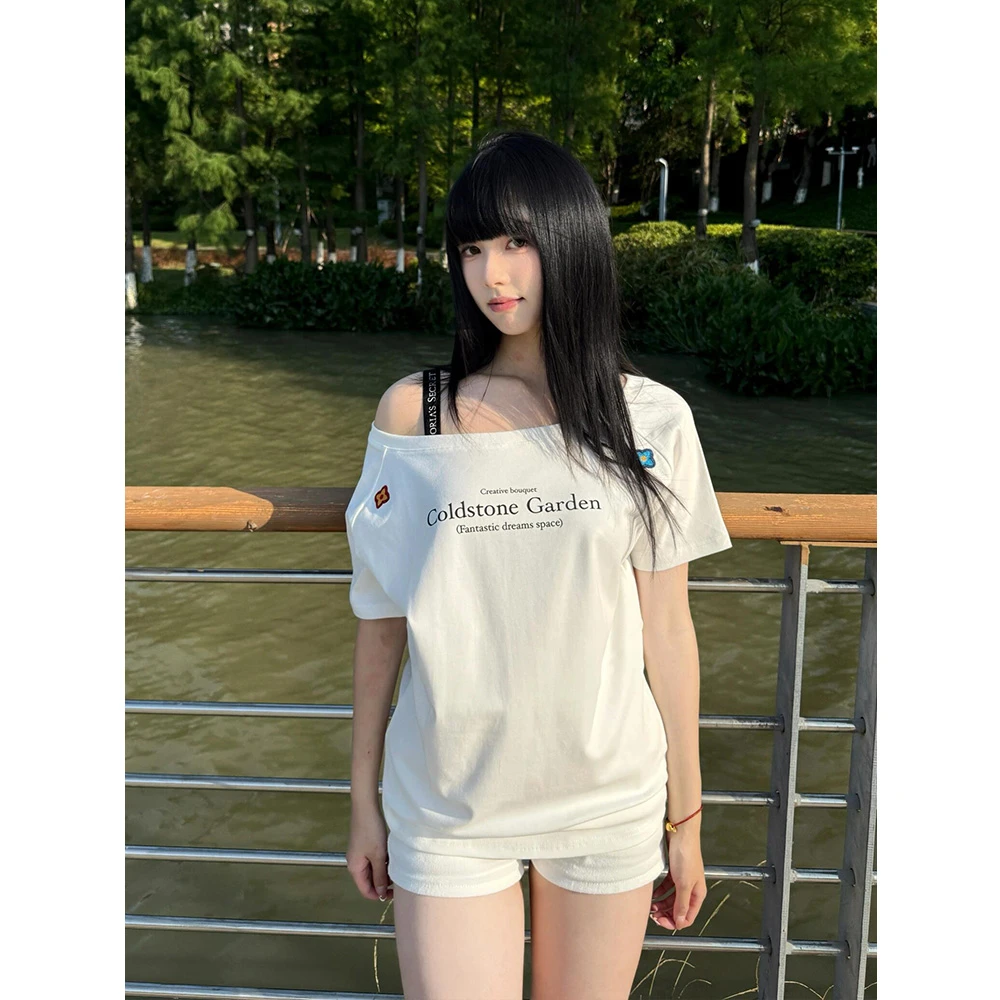 美式复古斜肩短袖字母印花T恤女夏季宽松显瘦百搭性感露肩上衣潮