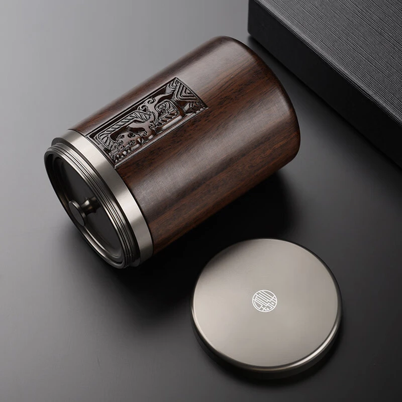 叙锦黑檀木茶叶罐家用金属密封罐便携旅行储茶罐小号高档实木茶罐