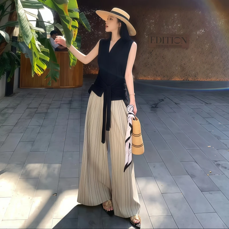 新款气质高级感穿搭一整套女时尚黑色系带显瘦上衣垂感宽松阔腿裤