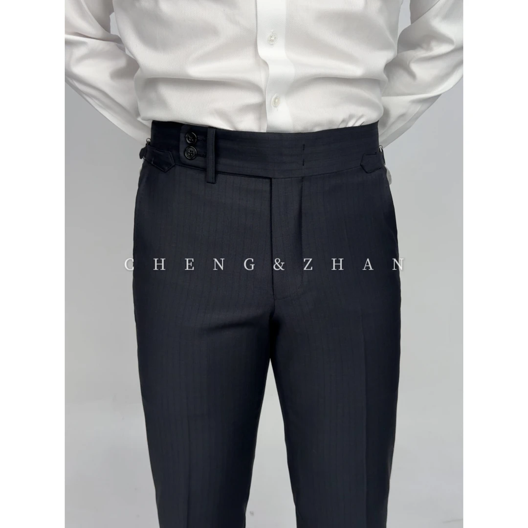 CHENGZHAN  撑展【常规】工艺【西裤】 107双排戗驳领黑色条纹西裤-4
