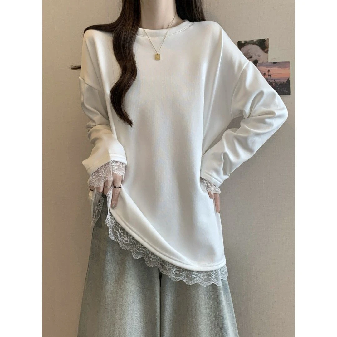 中长款白色磨毛打底衫女士宽松显瘦设计感蕾丝花边拼接长袖T恤ins