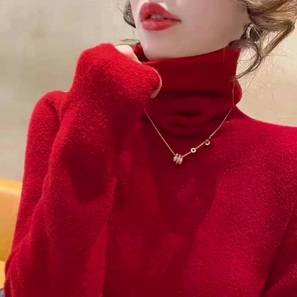 春秋红色德绒一体加绒纯色高领打底衫女长袖修身洋气百搭保暖