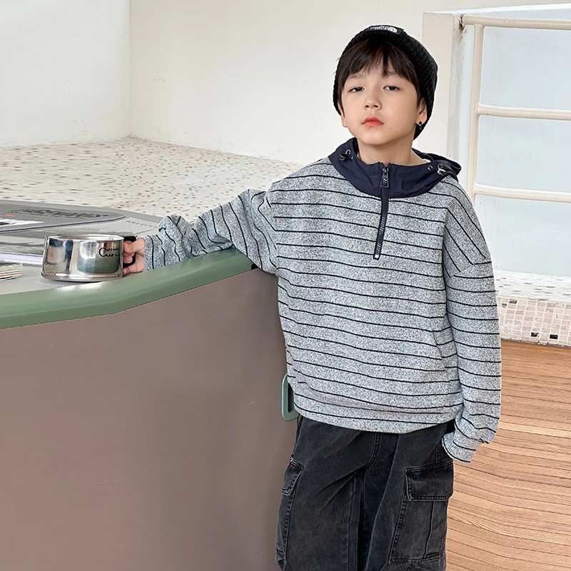 【依妈家】上新男童秋季潮儿童拼接连帽条纹中大童半拉链卫衣25G169