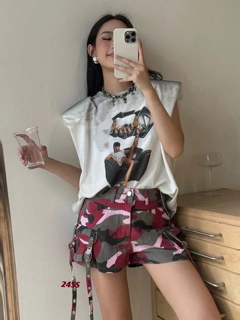 【K528】南#设计感迷彩工装牛仔短裤