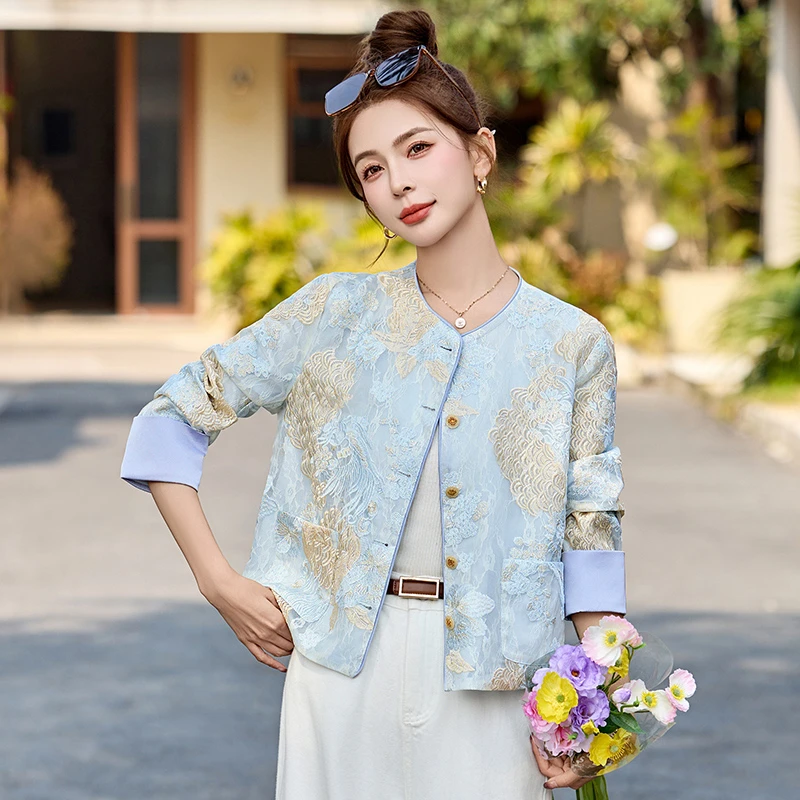 国风复古刺绣外套女圆领西装2025春洋气独特超好看唐装蕾丝上衣
