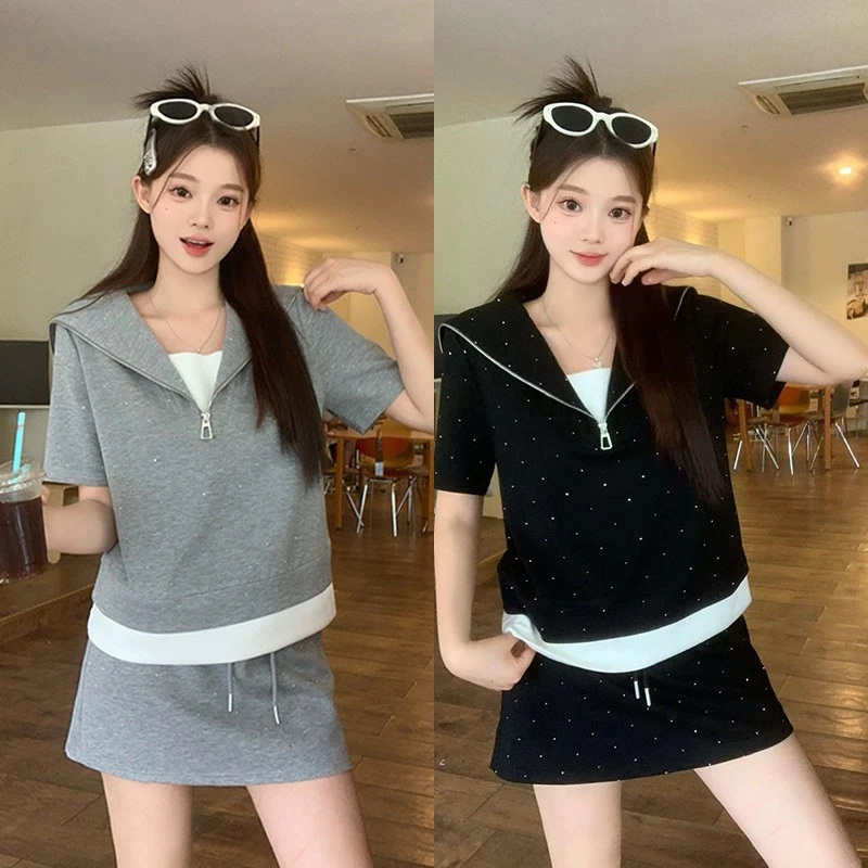 胖mm韩系夏季显瘦洋气减龄海军领宽松短袖半身裙两件套小个子套装