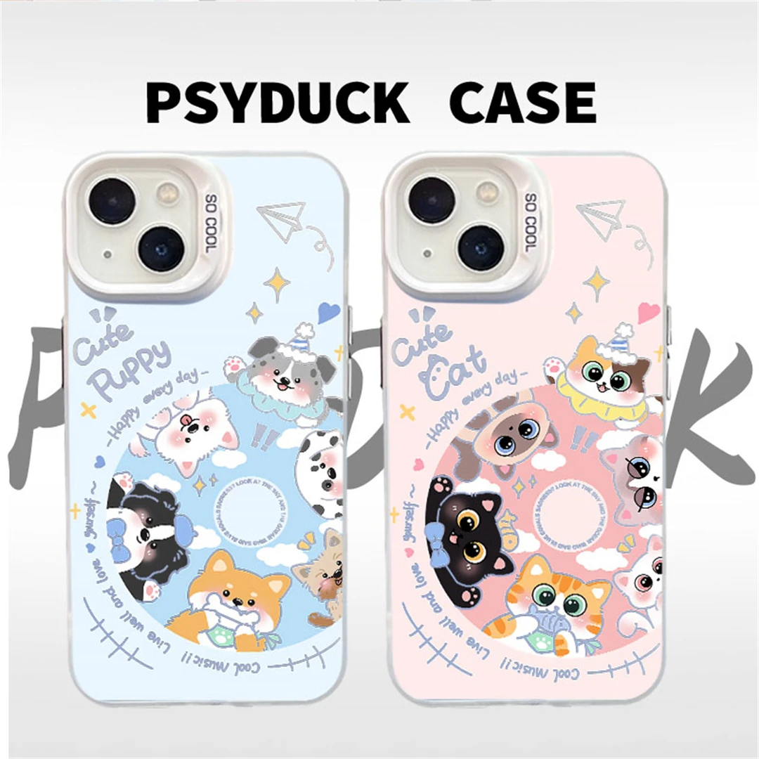 适用苹果华为一加小米唱片小狗小猫彩银白底卡通动漫防摔手机壳