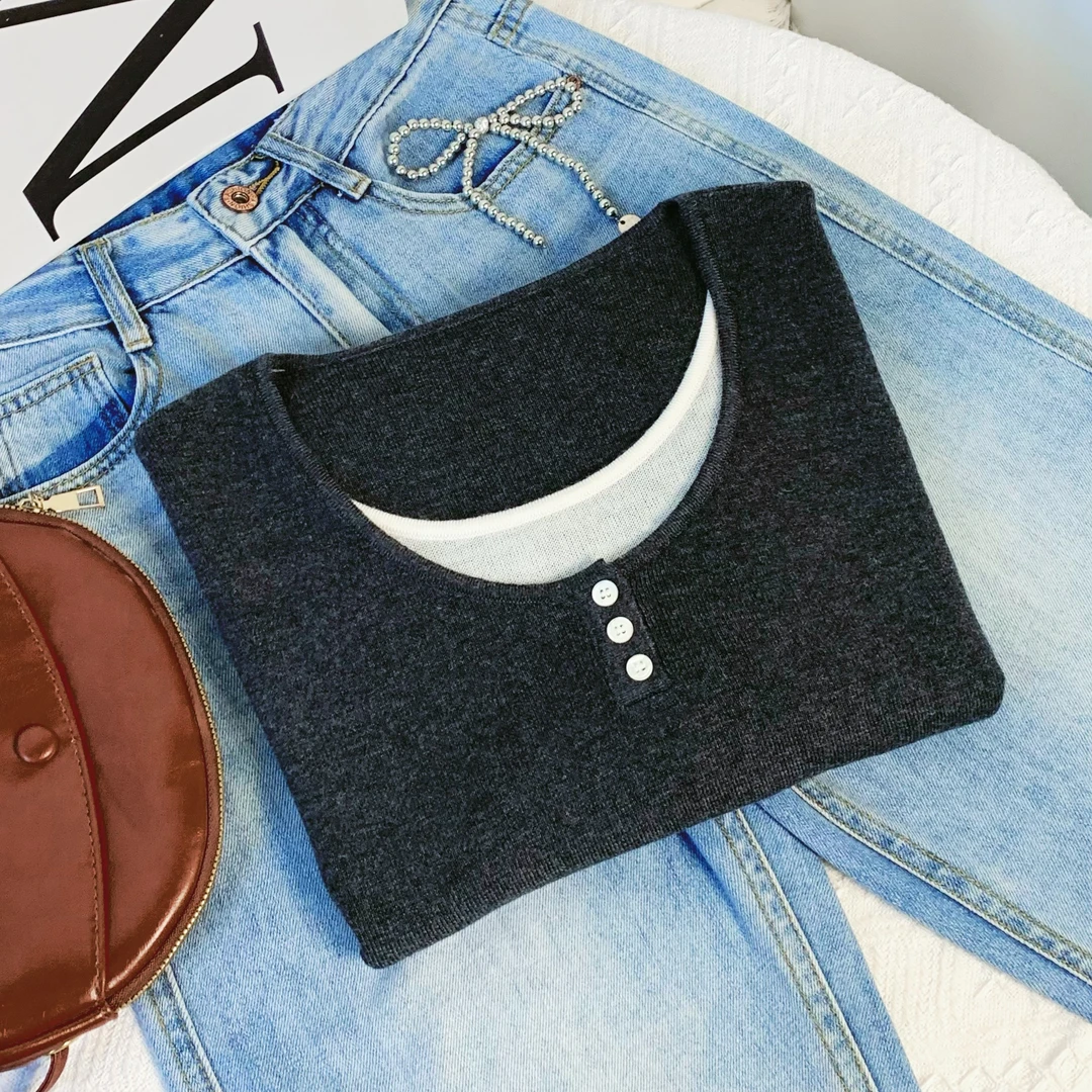 清-圆领套头款假两件针织毛衣292670