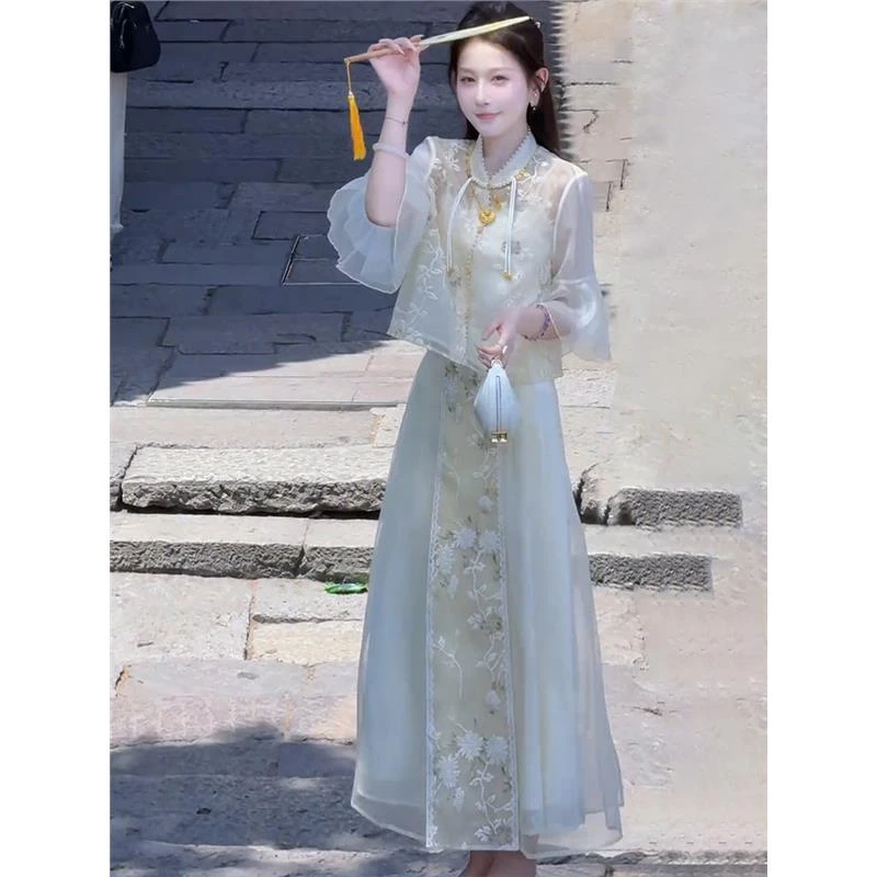 夏季贵气感穿搭上流社会轻奢高级感超火新中式国风黄色洋装套装