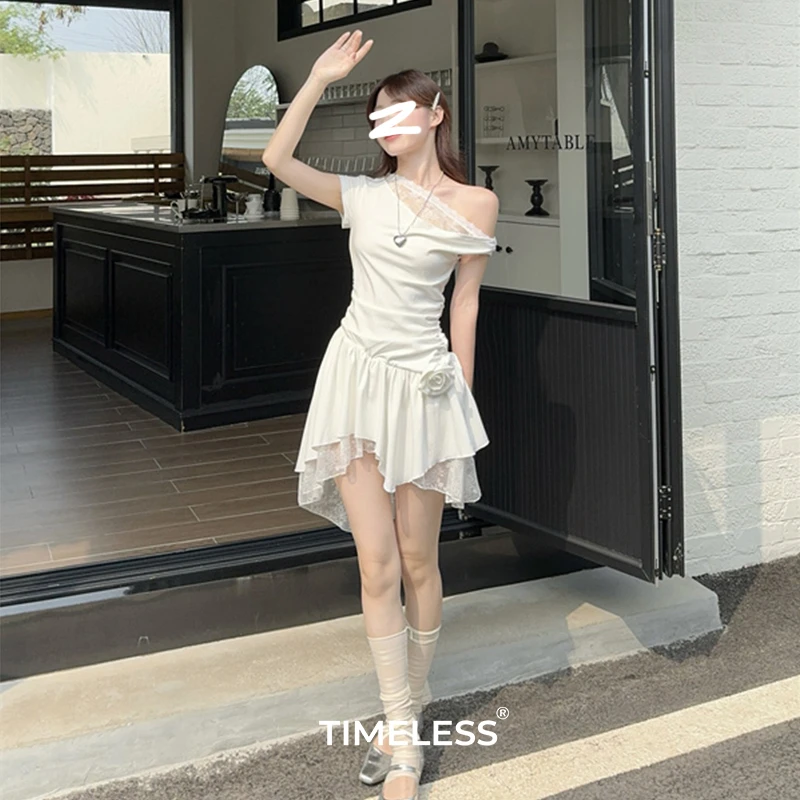 TIMELESS·夏季氛围感不规则气质玫瑰斜肩连衣裙纯欲白月光仙女裙