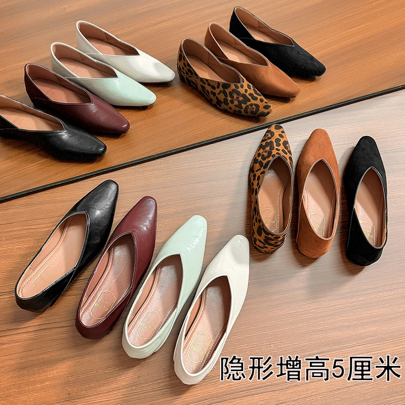 【内增高5厘米】小方尖头浅口气质真皮单鞋平底鞋单鞋软皮职业通勤