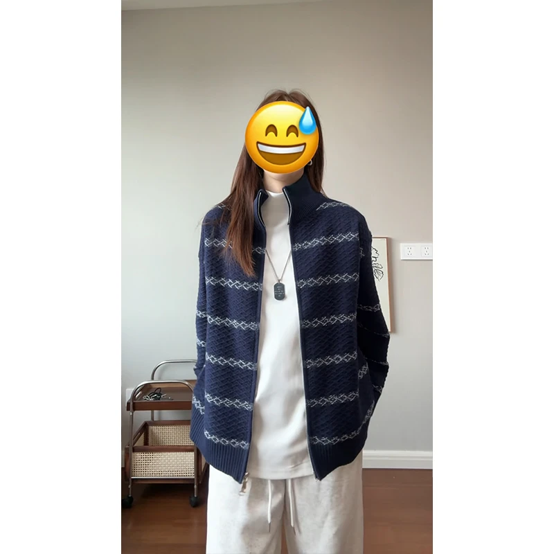 vintage立领条纹针织开衫男秋季新款2025高级感痞帅针织夹克外套