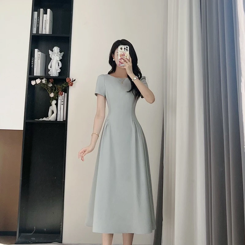 拉夏贝尔25夏中长裙修身法式设计师短袖收腰百搭连衣裙 10463 LSC