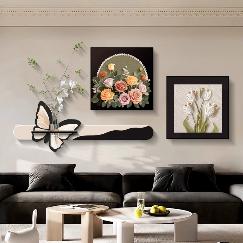 现代简约客厅装饰画轻奢高级感沙发背景墙挂画水培绿植蝴蝶花壁画