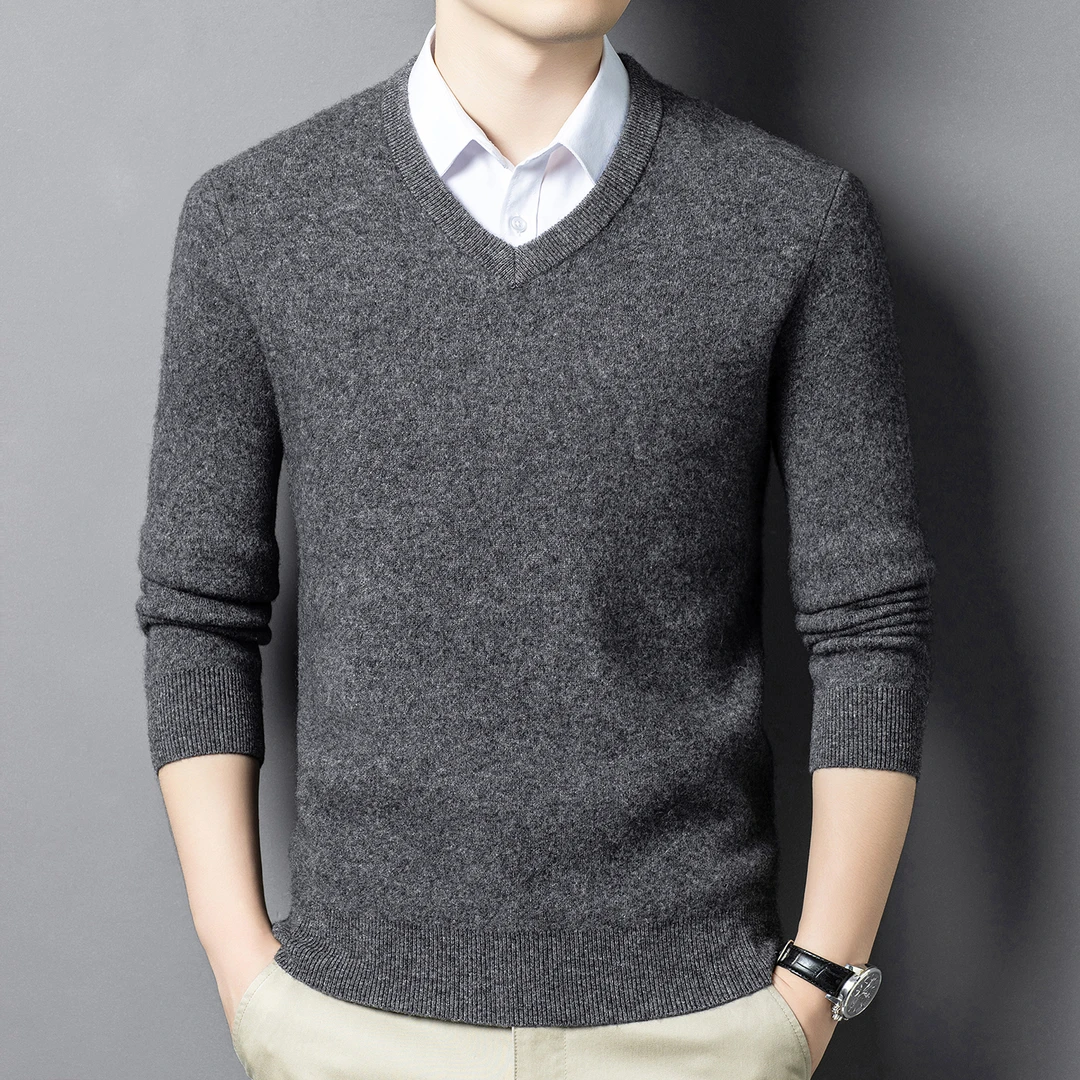 宽松型厚款V领套头款标准衫针织加厚长袖保暖休闲百搭打底衫