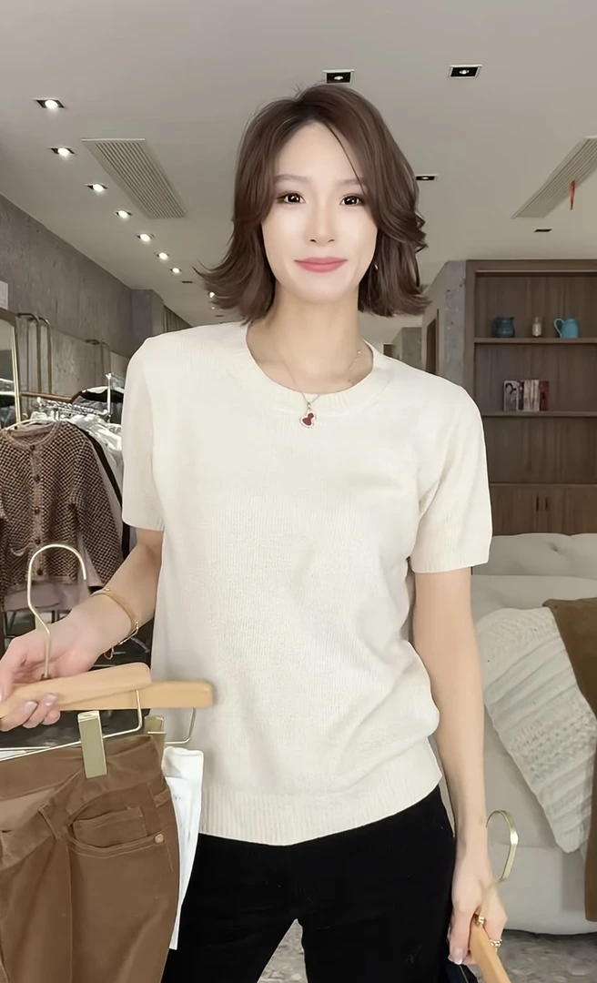 简约圆领短袖夏季秋季时尚三分袖包袖毛针织衫女装2Z0866087