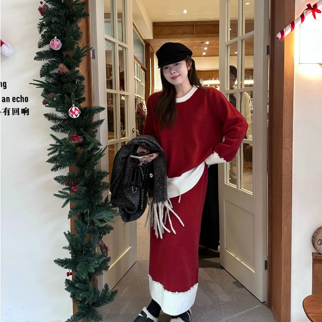 晶咕【桃乐丝】慵懒风韩版秋冬温柔风圆领拼色设计感针织套装