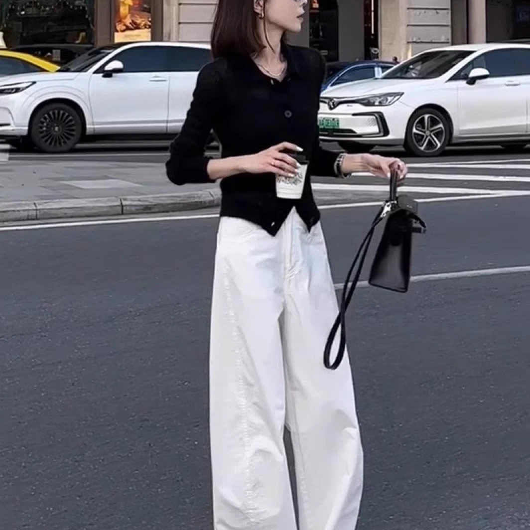 入春穿搭一整套黑色长袖针织开衫宽松白色阔腿裤盐系炸街两件套装