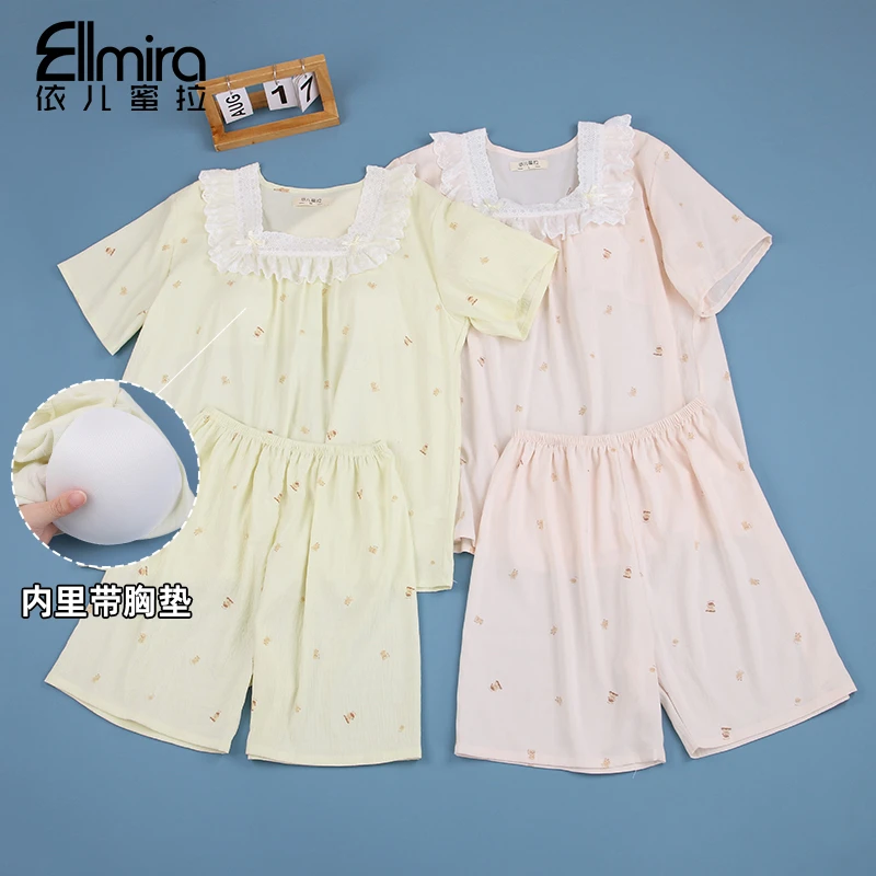 9383睡衣短袖短裤家居服套装两件套宽松空调服洋气夏季薄款