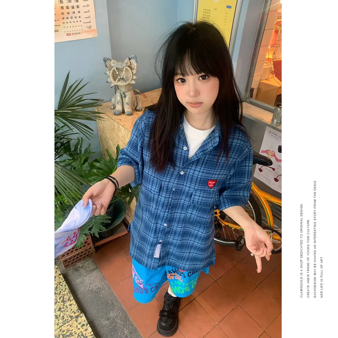 蓝色格纹休闲衬衫慵懒美式爱心宽松短袖情侣复古衬衫男女衬衣