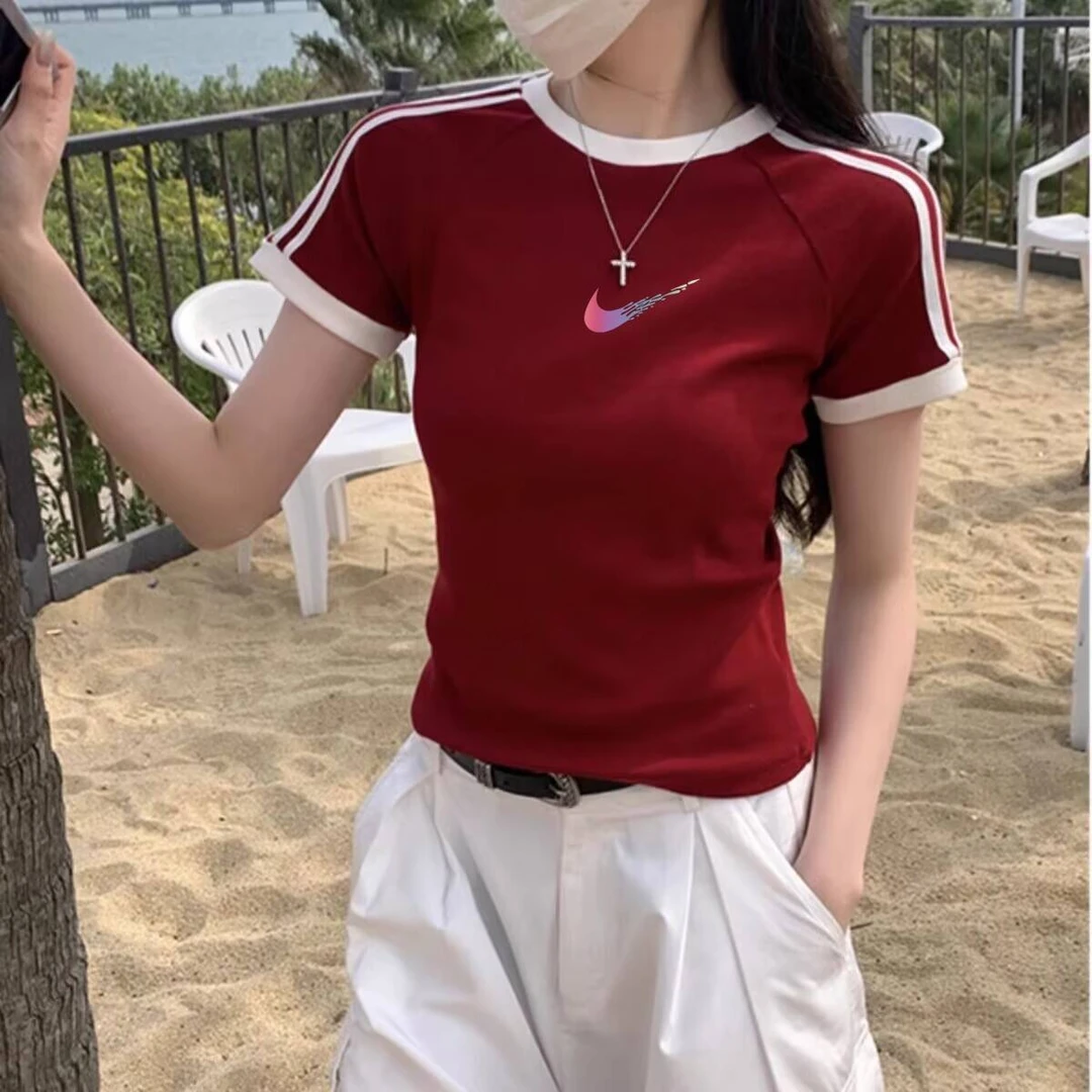 条纹短袖t恤女夏季复古正肩修身显瘦减龄小个子女短款上衣打底衫