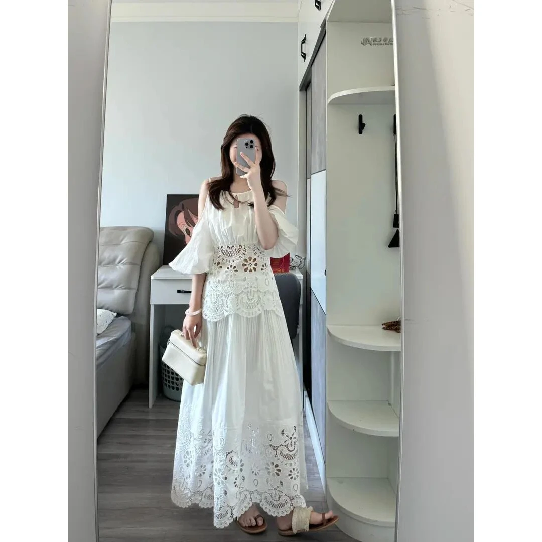 2025夏季新款法式慵懒显瘦露肩衬衫钩花镂空半身裙韩系气质两件套