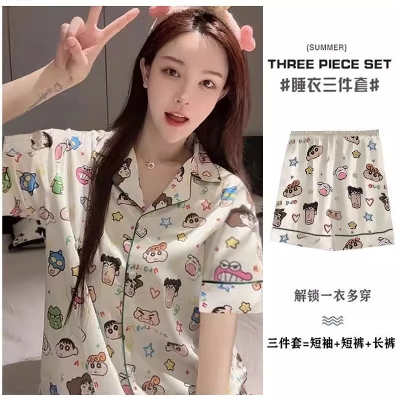 蜡笔小新睡衣冰雪丝短袖三件套女开衫卡通学生减龄网红新款家居服