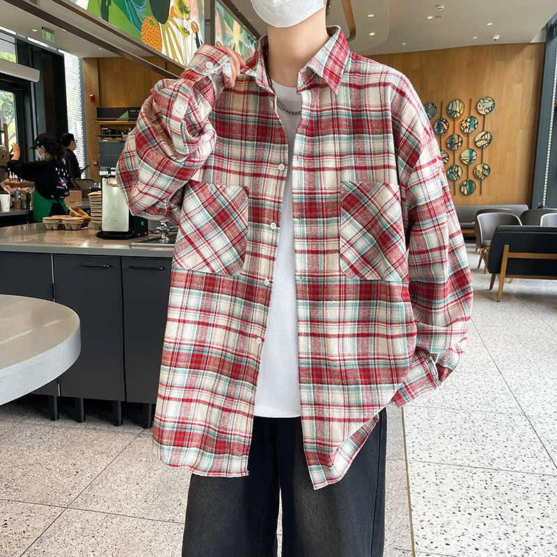 美式复古撞色格纹长袖衬衫男女春季潮牌宽松休闲情侣工装衬衣外套