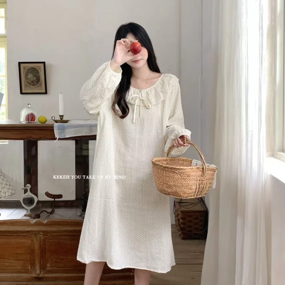 双层棉纱/睡裙/长袖/甜美娃娃领秋季宽松睡裙女韩版家居服