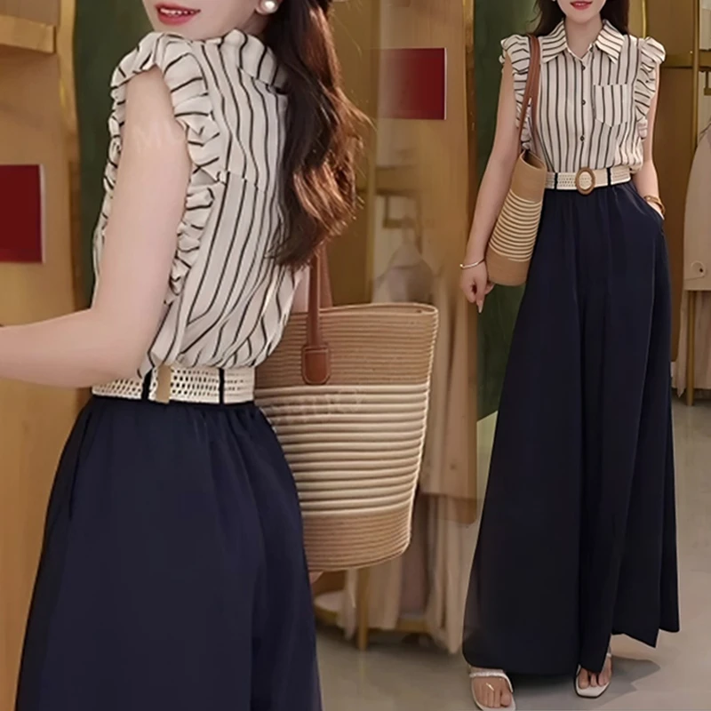 时尚休闲风潮流套装女2025年夏季新款小飞袖条纹衬衫高腰阔腿裤女