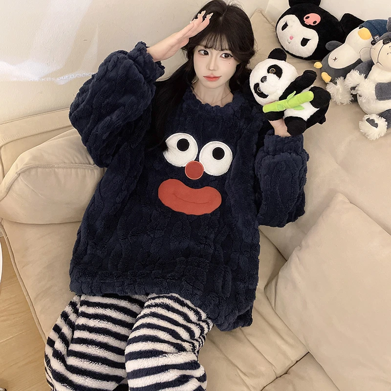 大码胖妹妹秋冬季珊瑚绒睡衣女冬季搞怪卡通2025新款加厚绒200斤