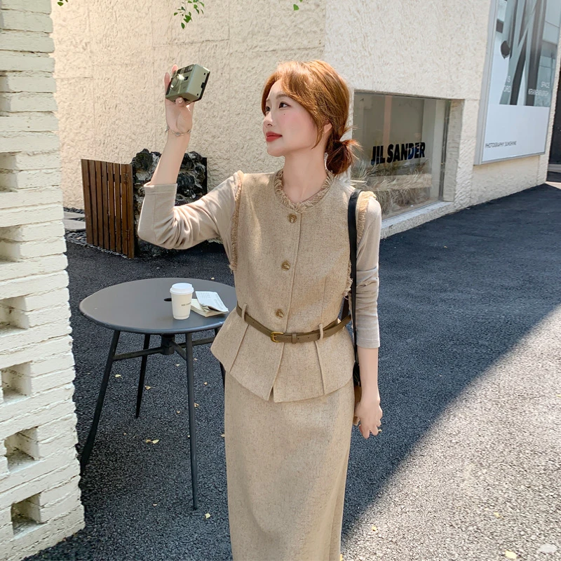 小香风拉毛马甲打底衫半裙2025秋冬新款复古名媛法式千金风三件套