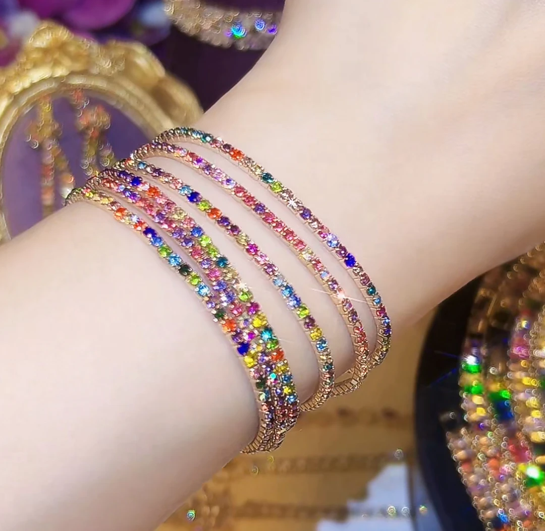 铜合金锆石手链 彩色多巴胺超闪弹力2mm细手链气质轻奢个性时尚