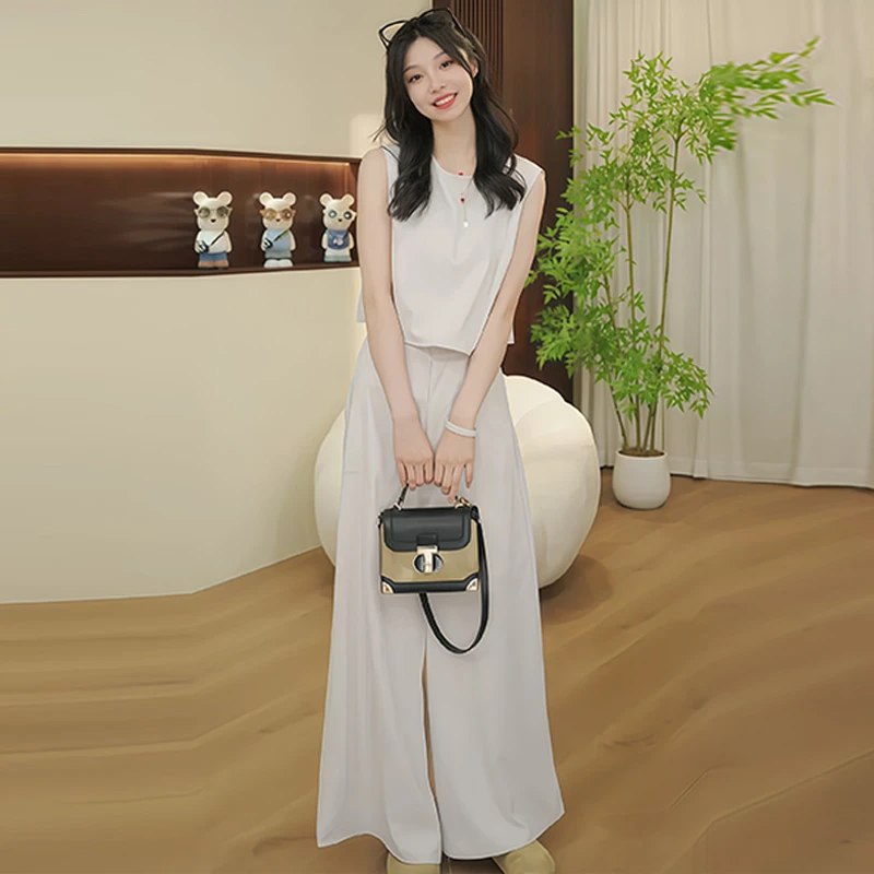 韩版简约休闲无袖套装女2025年夏季新款背心上衣高腰长裤两件套潮