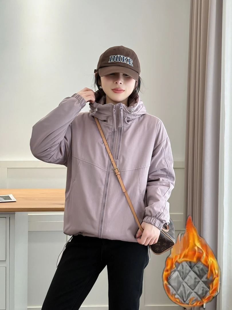 短款双拉链连帽夹棉外套女秋冬季新款冲锋衣宽松显瘦百搭休闲上衣