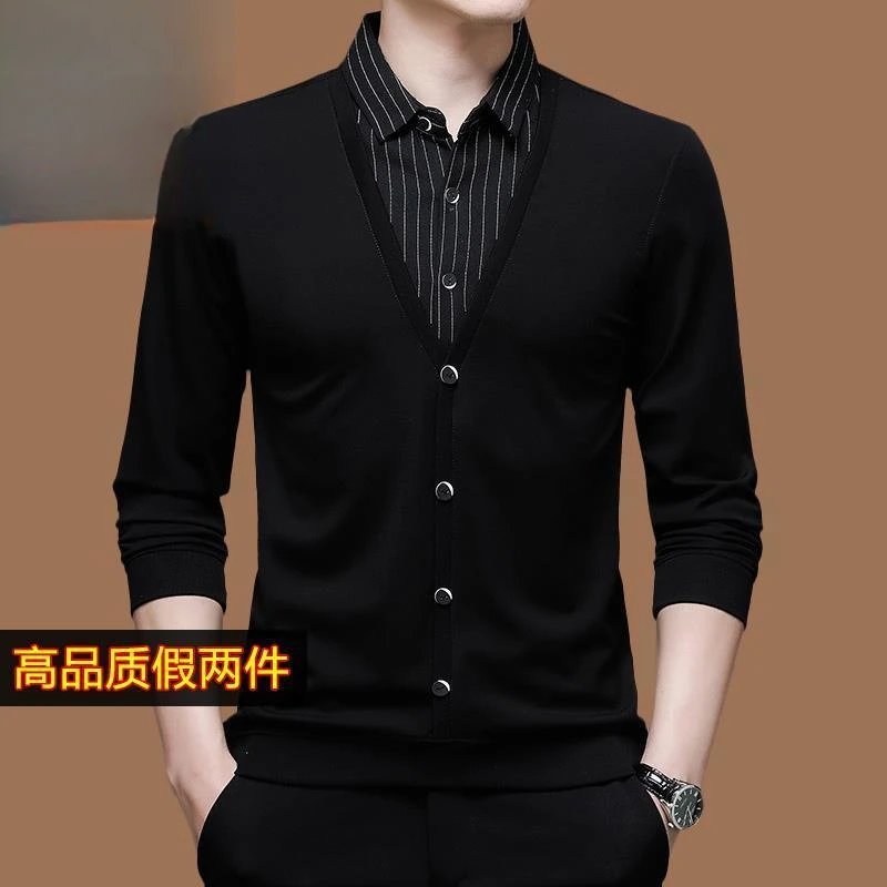 中青年春秋假两件男士长袖恤新款上衣休闲衬衫领春季新款打底衫
