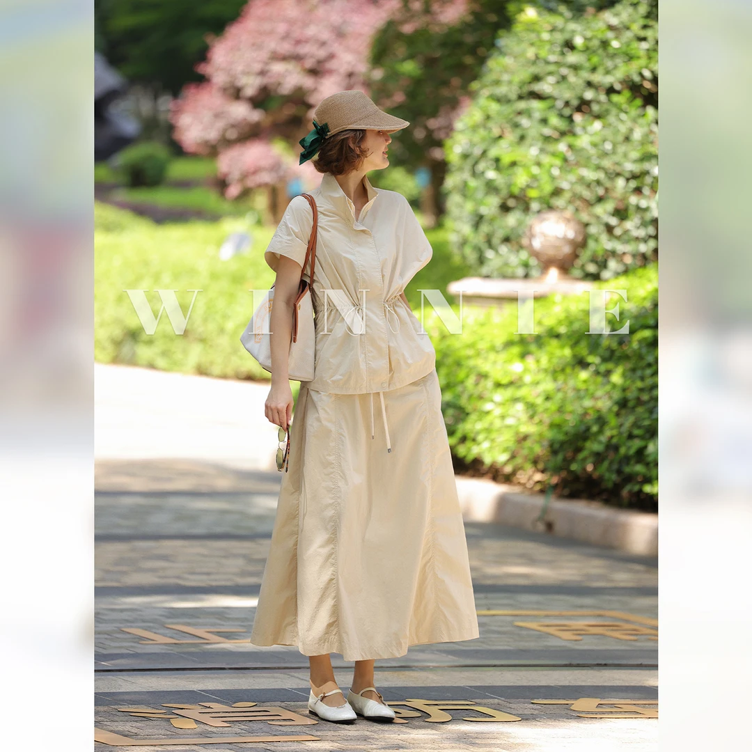 WinnieTang轻机能风小飞袖短袖抽绳外套松紧腰A字半裙透气套装