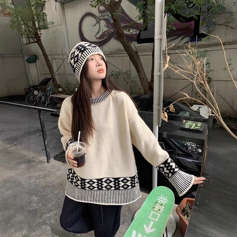 美式复古费尔岛慵懒风提花撞色毛衣女秋冬季奶呼呼宽松套头针织衫