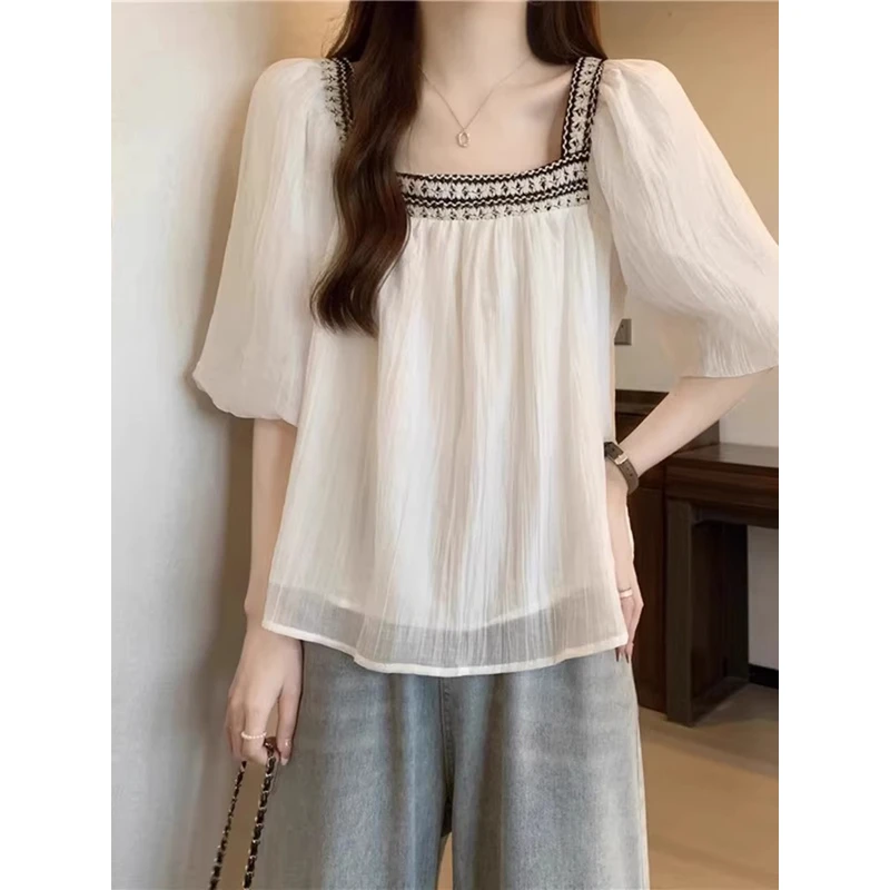 实拍方领泡泡袖雪纺短袖淑女泡泡袖衬夏季胖mm遮肚小衫娃娃衫上衣