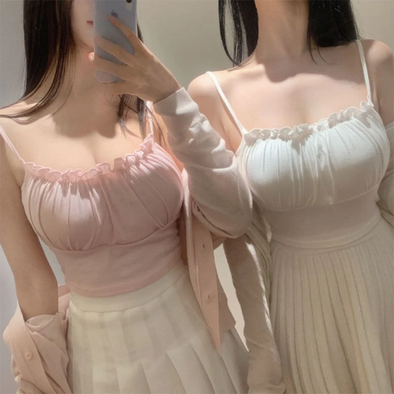 纯欲辣妹木耳边显胸大吊带背心女夏季带胸垫短款修身内搭打底美背